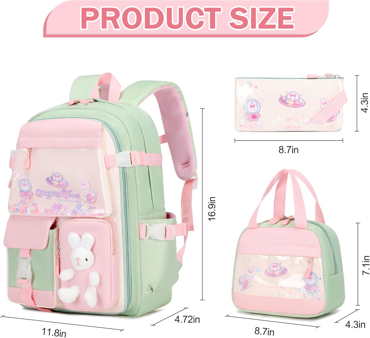 Girls Backpack Set, 3PCS School Backpack for Girls, Kawaii Bunny Kids Backpacks for Girl Kindergarten Elementary School Preschool Travel Daycare Bookbag with Lunch Box Pencil Box Green - Image 2