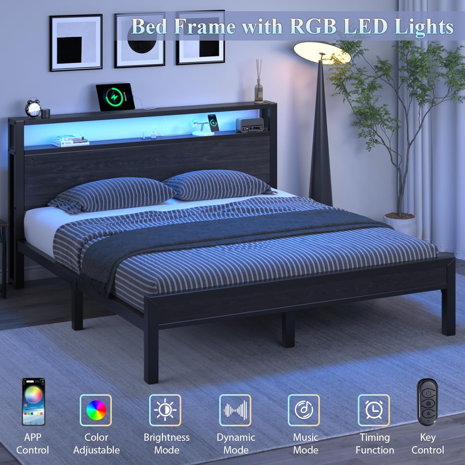 Full Size Bed Frame with Storage Headboard, Industrial Platform Bed with Charging Station and LED Lights, Heavy Duty Metal Slats, No Box Spring Need, Noise Free, Black