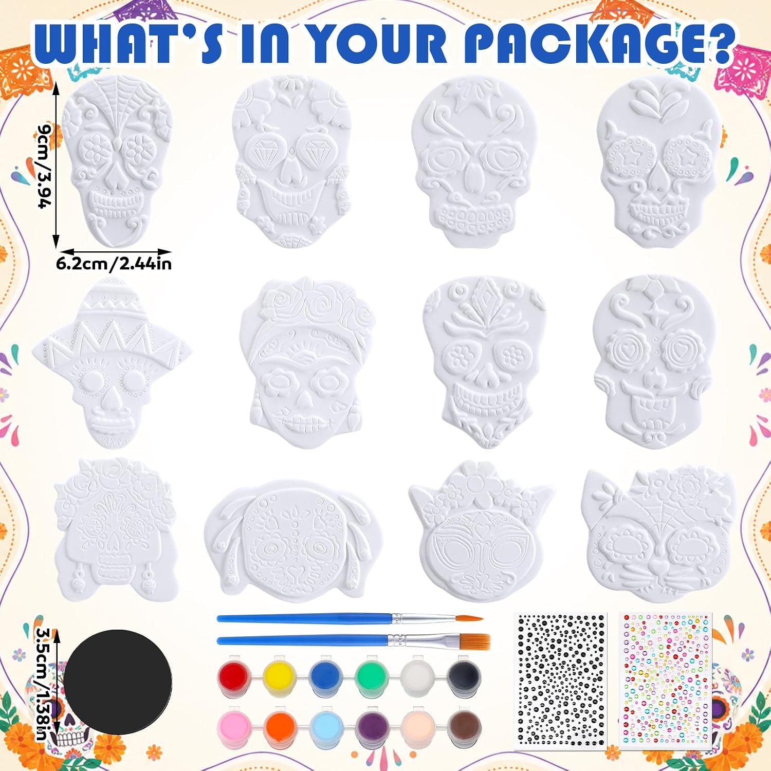 12 Set Day of The Dead Ceramic to Paint, Sugar Skull Crafts for Adults