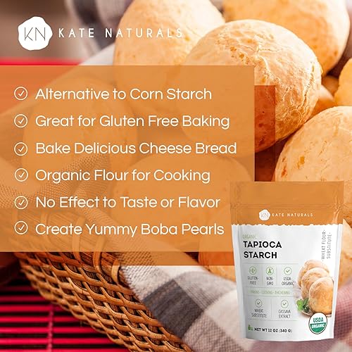 Miniatura 3 de Harina de almidón de tapioca para hornear y sopas (12 onzas) – Kate Naturals. Harina de tapioca orgánica USDA para boba, mantequilla corporal, keto