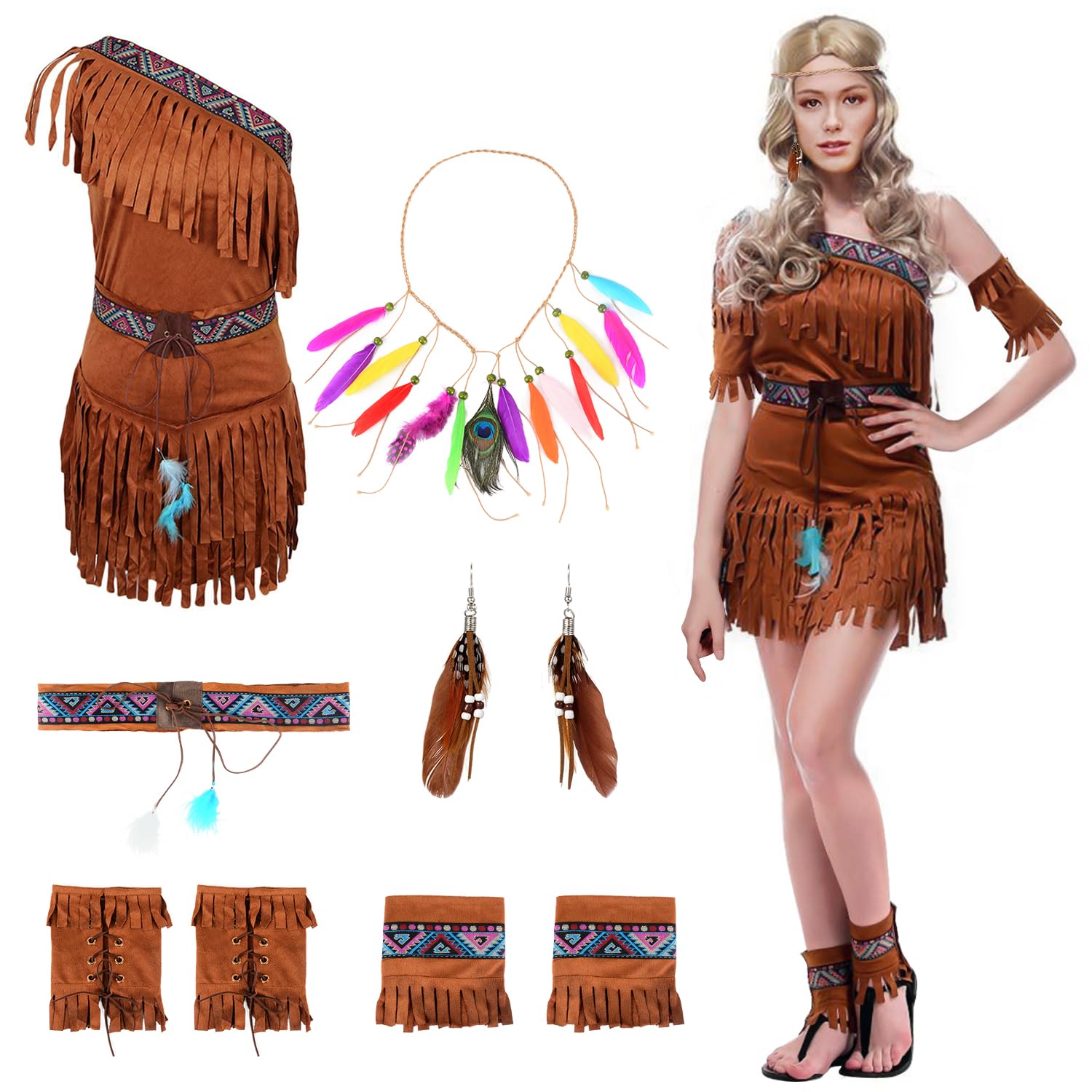 Disfraz India Mujer, Disfraz Nativa Muje, India para Adulto con Pendientes Vintage, Diadema de Plumas para Fiesta Temática Tribal Carnaval Cosplay