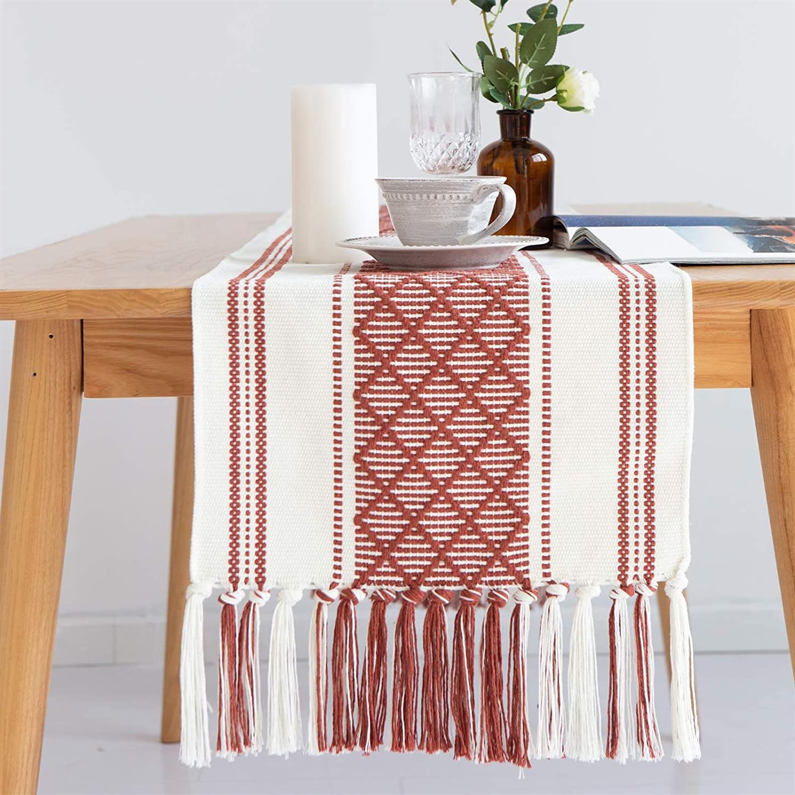 Camino de Mesa de Algodón Estilo Bohemio Camino de Mesa Lavable con Borlas para Boda Fiesta Hogar Cocina Mesa de Comedor Decoración Rojo, 30 x 220 cm