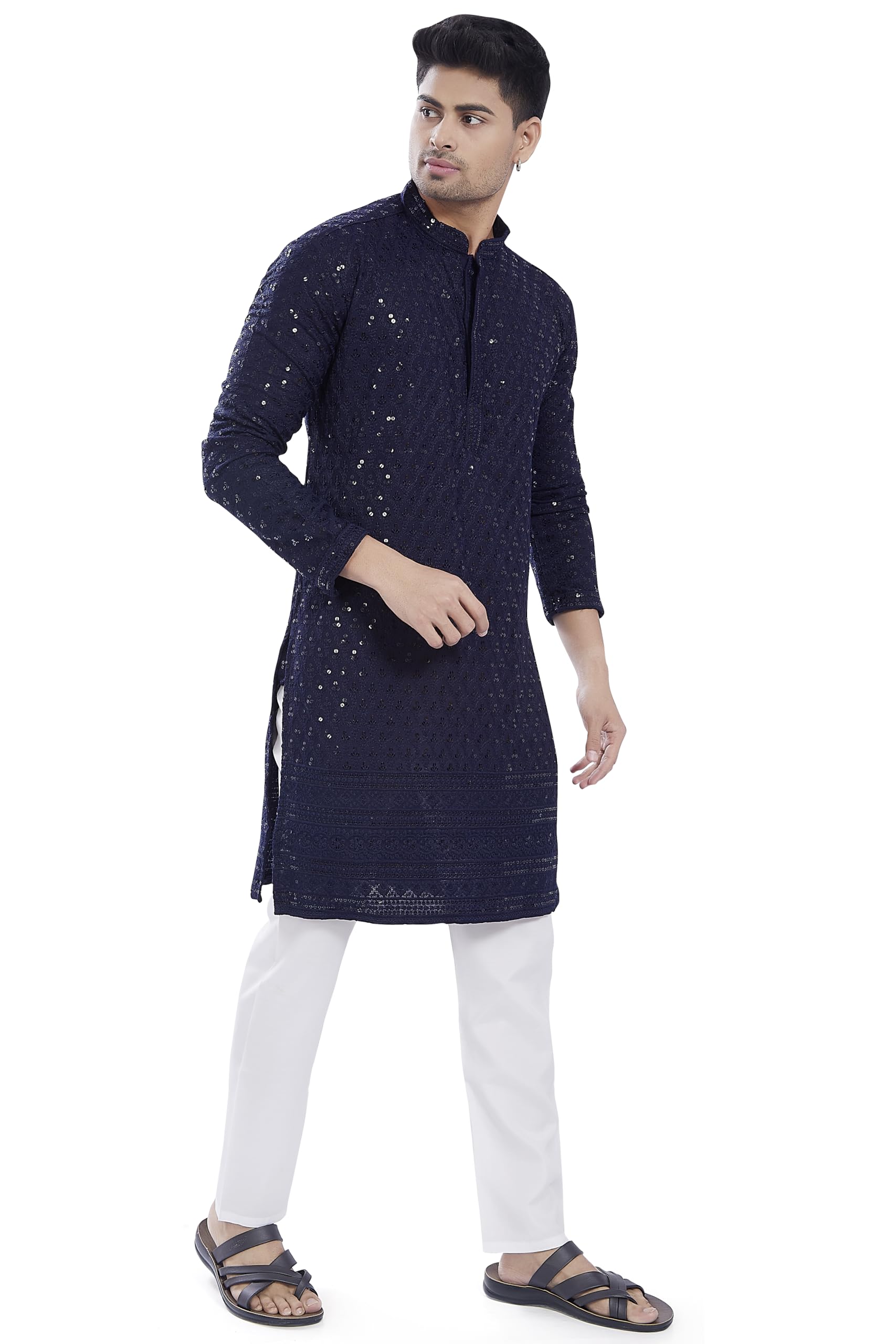 Divisive Men's Sequince Embroidered Cotton Blend Only Slim Fit Kurta (Dkrt671_Xxxl_Navy)