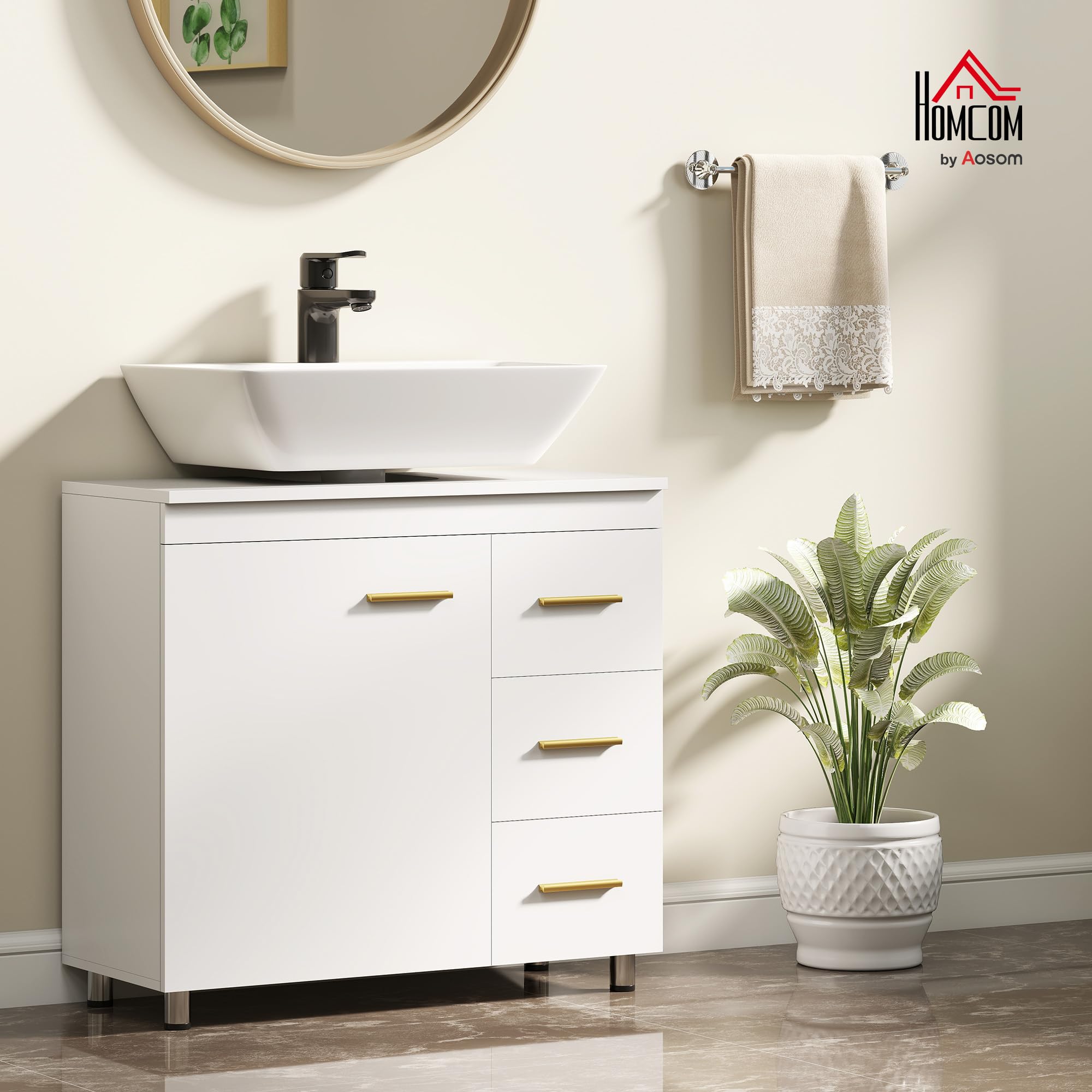 HOMCOM Szafka pod umywalkę z drzwiami i 3 szufladami 70 x 30 x 65 cm Biała | Szafka pod umywalkę, uchwyty, szafka łazienkowa, podumywalkowa, do łazienki
