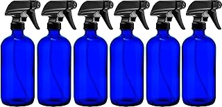 Blue Glass Spray Bottle - Large 16 oz Refillable Container for Essential Oils, Cleaning Products, or Aromatherapy - Black Trigger Sprayer w/Mist and Stream Settings - 6 Pack