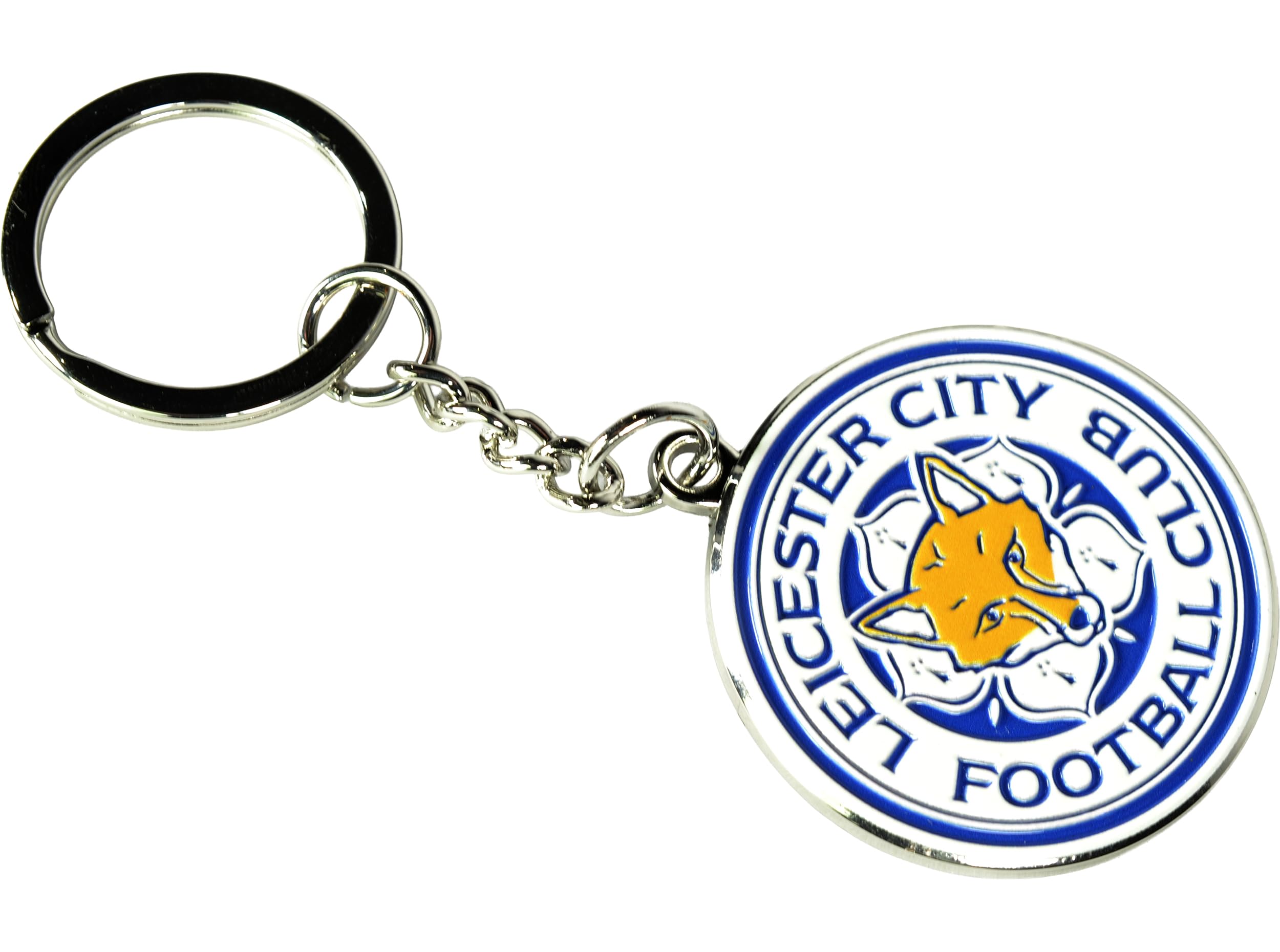 Foco Unisex White, Blue Orange Leicester City Football Club Metal Crest Keyring, Official Merchandise