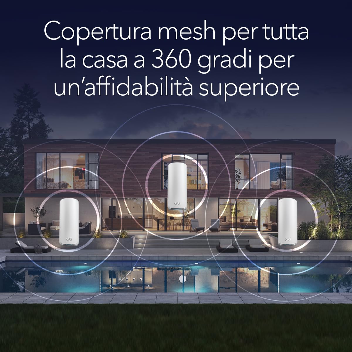 NETGEAR Orbi Serie 870 | WiFi 7 Mesh System | RBE873 | Router wireless + 2 satellites| Fino a 21 Gbps | Copertura fino a 600 m² | Supporta 150 dispositivi | Porta Internet 10 GB | Tri-Band BE21000