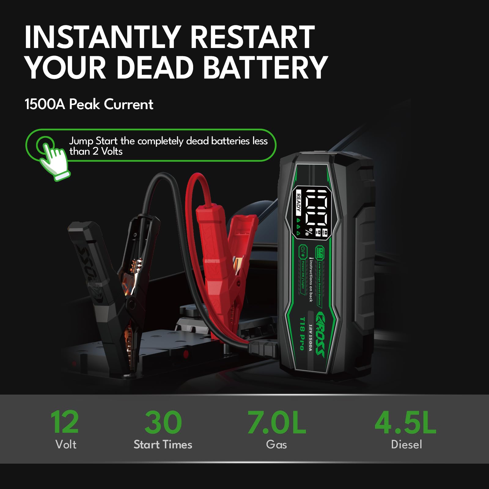 Caross T18 Pro Jump Starter 1500A 16000mAh 12V Portátil | Función Boost para Baterías de Bajo Voltaje, Protección contra Polaridad Inversa, 3 Modos de Luz, Carga Rápida 18W