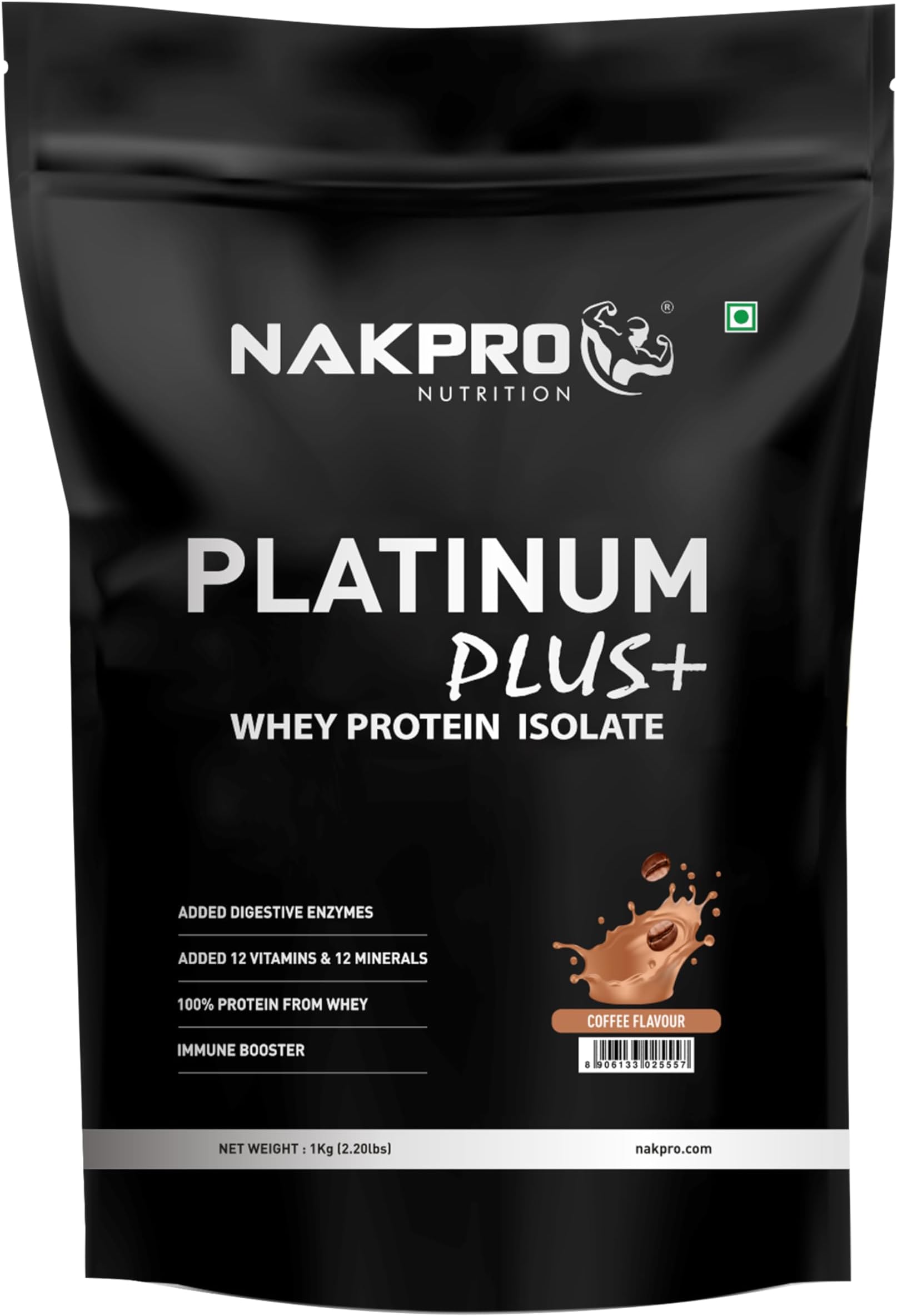 Platinum Plus+ Whey Protein Isolate with Digestive Enzymes | 28g Protein, 6.36g BCAA | Added Vitamins & Minerals (Coffee, 1 Kg)