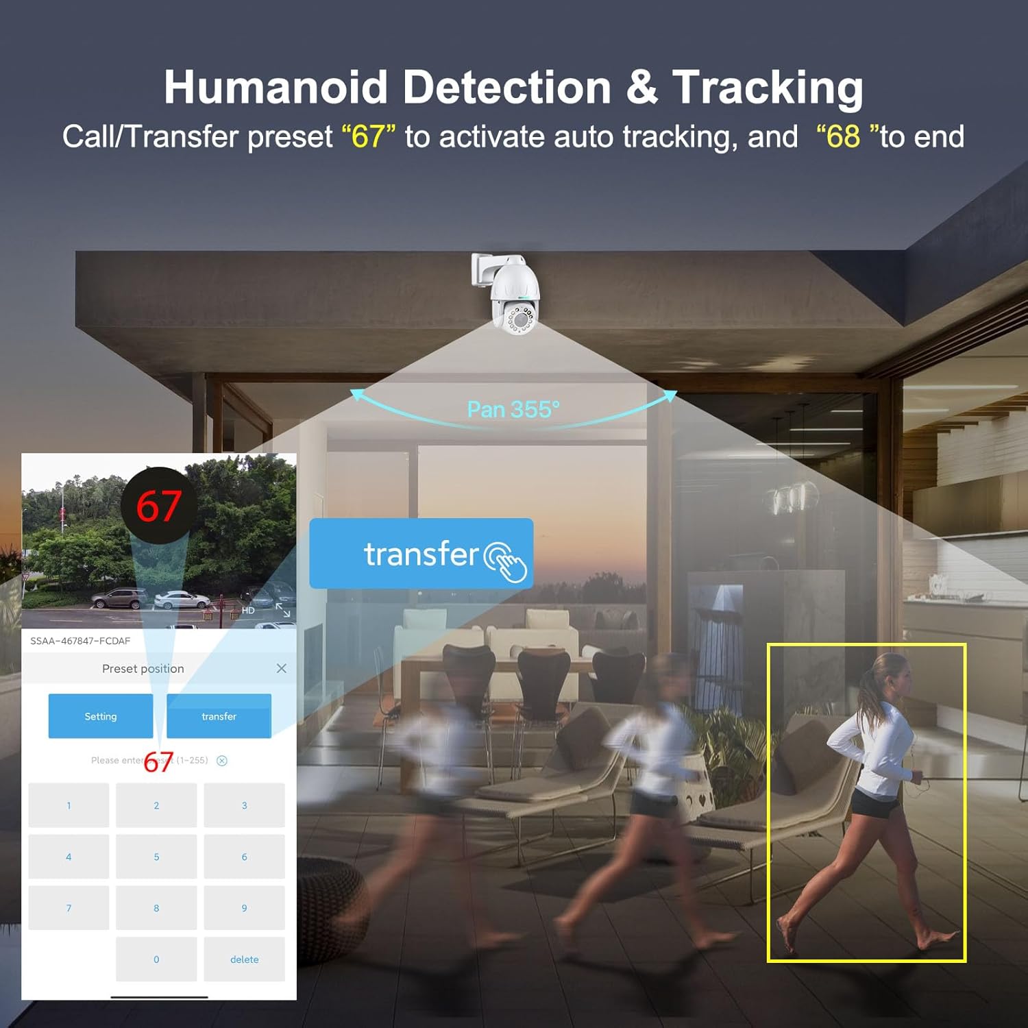 An indoor scene with a woman walking, overlaid with a graphic showing the SV3C C12POE camera's humanoid detection and tracking feature, highlighting the ability to call preset '67' to activate auto tracking and '68' to end it, with a mobile app interface for preset positions.