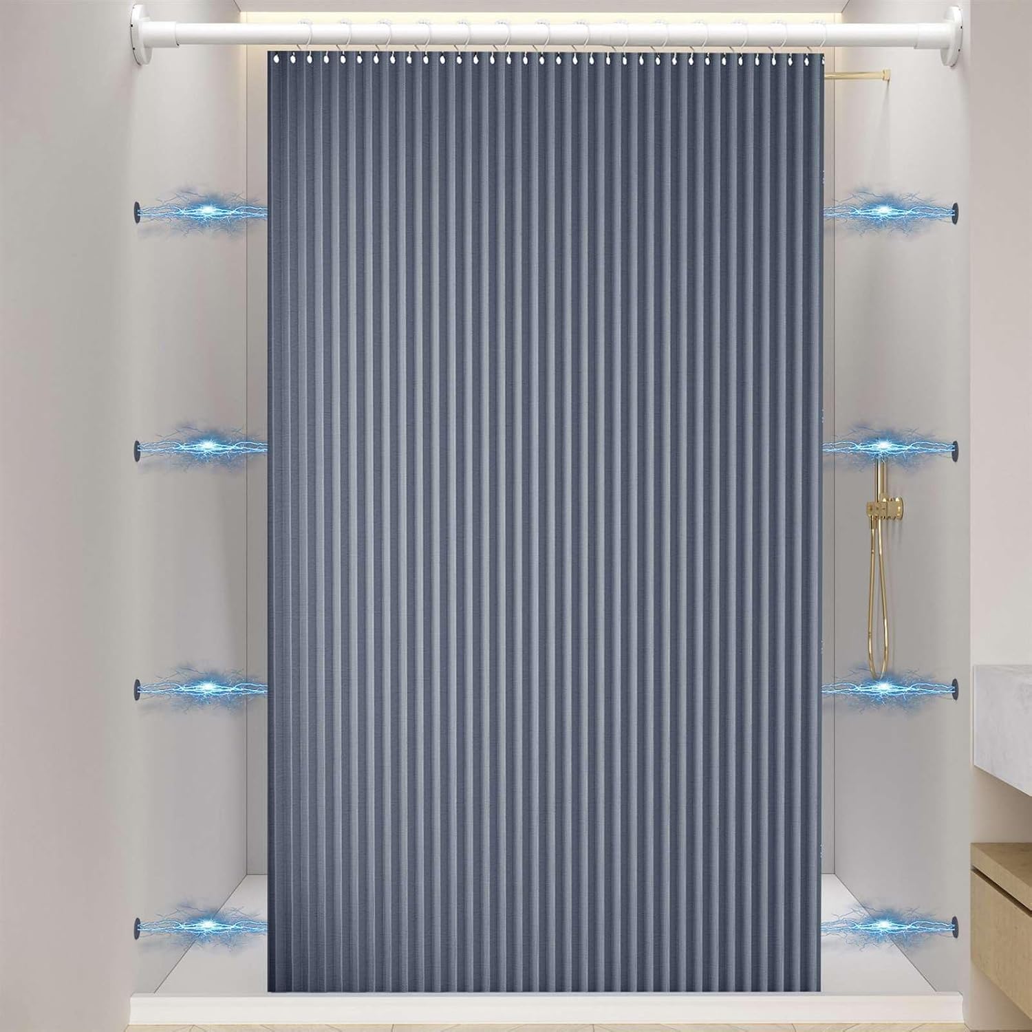 Waterproof Folding Heavy Duty Shower Curtain with Hooks, Magnetic Sripe Splash-Proof, Linen Shower Curtain for Bathroom, Grey Blue, 47"x79"