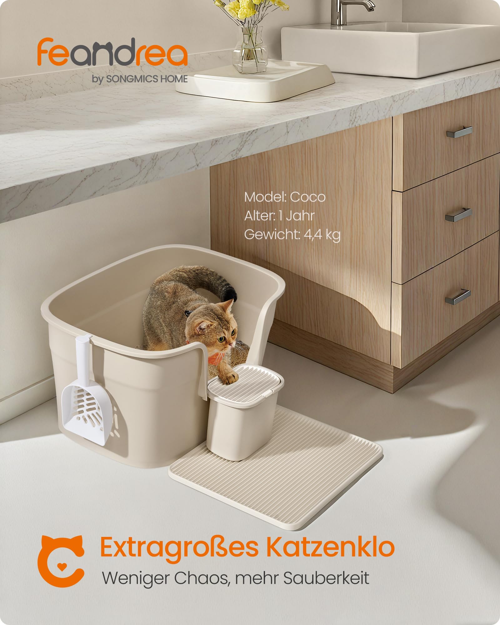 Feandrea Katzenklo, extragroße Katzentoilette, für Mehrkatzenhaushalte, mit hohen Seitenwänden, Katzenstreumatte, Aufbewahrungsbox, Schaufel, für große Katzen, cappuccinobeige PPT003K01