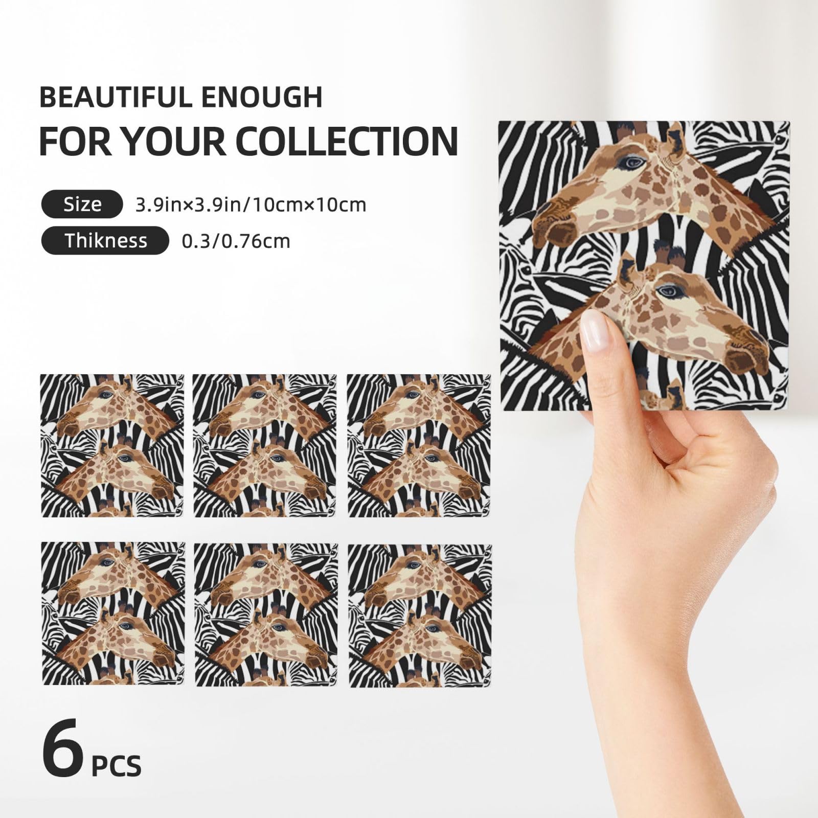 Keramikuntersetzer mit Zebra- und Giraffen-Druck, stilvolles Küchen- und Heimdekor-Zubehör, 6 Stück