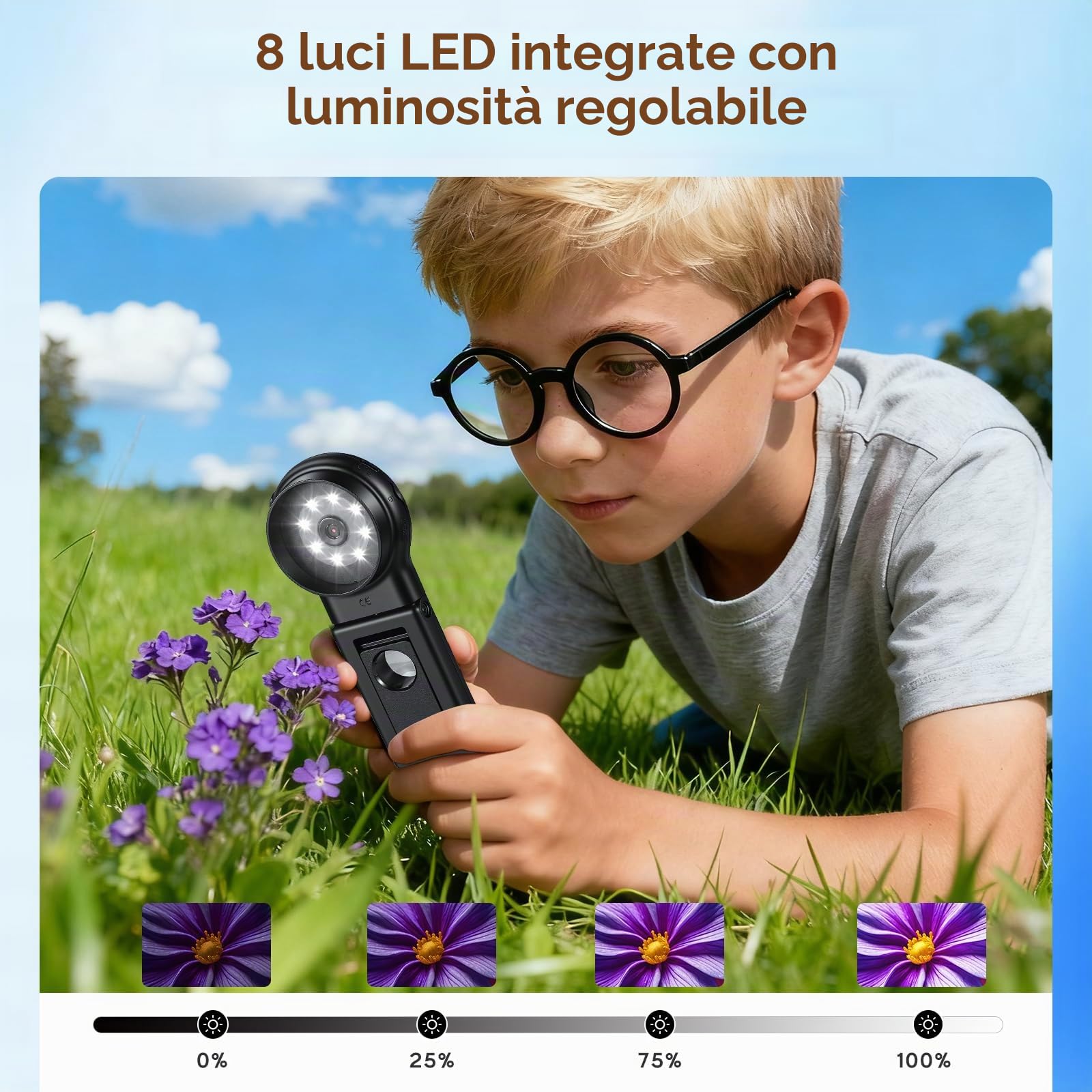 Microscopio Digitale 500X Magnifica Microscopio Portatile Tascabile Microscopio Elettronico 2.0‘’ IPS Lente d'ingrandimento con 8 Luci Regolabili per Insetti Piante Monete, Compatibile con Mac Windows