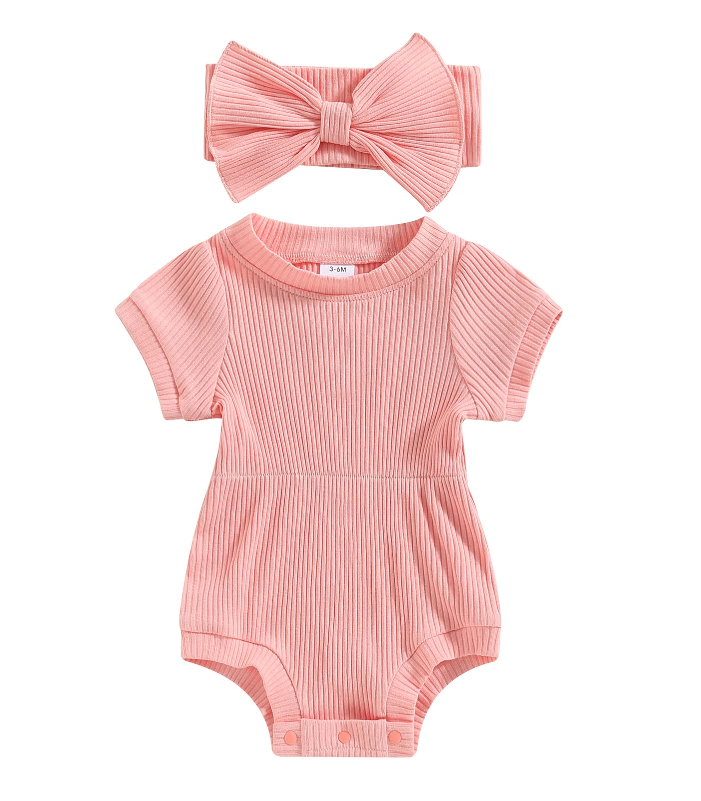 MA&BABYBaby Girls Jumpsuit Set Solid Color Bodysuits Ribbed Short Sleeve Romper Bow Headband Summer Outfits