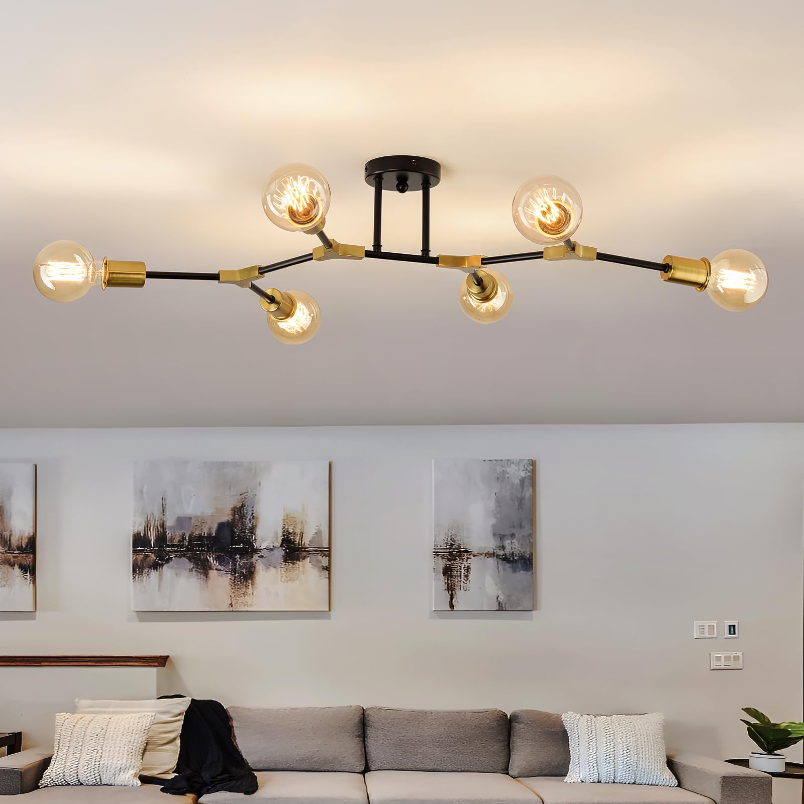 ASGYISA 8 Light Modern Sputnik Chandelier Black and Gold Ceiling Light Fixture Mid Century Ceiling Lamp for Bedroom Living Room Dining Room Kitchen Foyer (Metal Matte E26