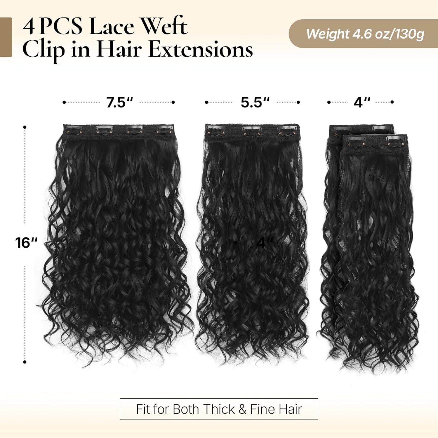 LEEONS Curly Clip in Hair Extensions, 4PCS 16 inch Curly/Wavy Hair Extensions Clip ins - Lace Weft Soft Natural Hairpieces for Women (Natural Black) - Image 2