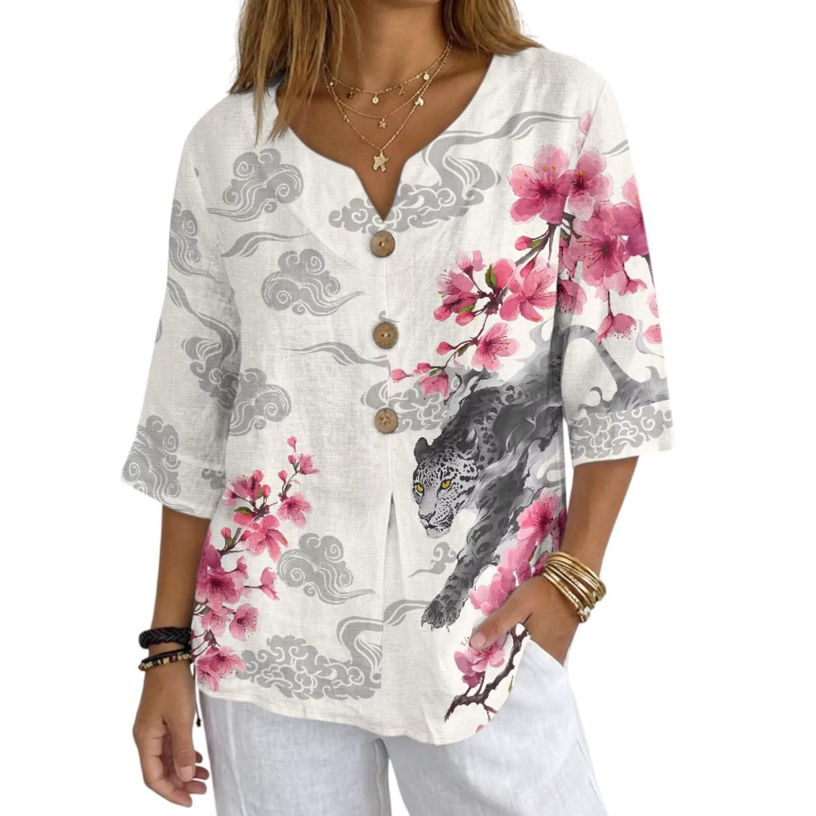 Women's V-Neck Tunic Top, Casual Polyester Linen Blouse with Decorative Buttons, Loose Fit Easy Care Everyday Wear