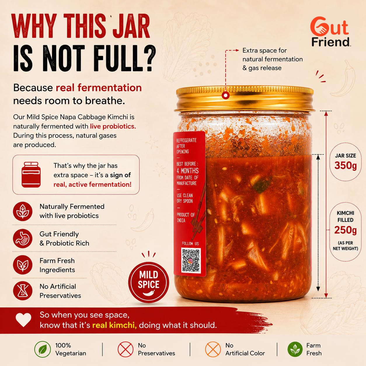 Gut Friend Napa Cabbage Kimchi - Mild Spice 250g | Pure Veg | Mild Spice Kimchi | Authentic Korean Fermented Probiotic Pickle | Traditional Spicy Baechu Kimchi | Naturally Aged Vegan Gut Health Side Dish | Ready to Eat Korean Side | No Artificial Preservatives | #gutfriendproducts 2