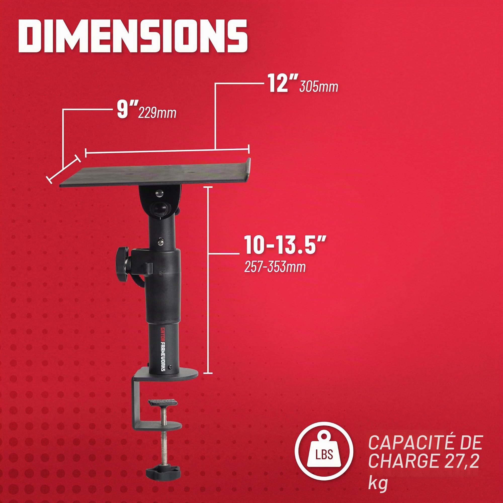 Gator Frameworks Supports de Bureau à Pince pour Moniteur de Studio et Haut-Parleur avec Surface rembourrée en Mousse EVA, Angle réglable de 0° à 15° – Lot de 2 (GFWSPKSTMNDSKCMP)