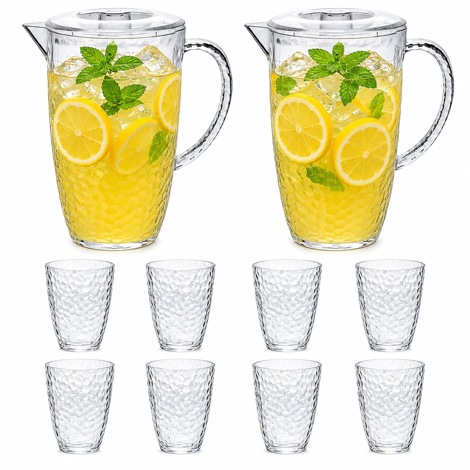 UNIQUE HOME LIVING 2 Litre Acrylic Pitchers Jug with Lid, Iced Tea Juice Cocktail Drinks Pitcher Beverage Jug, Water Carafe 2 Jugs with 8 Cups Set, BPA-Free, Clear - Dimples Design
