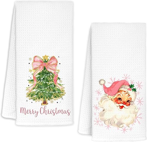 Juego de 2 toallas de cocina con árbol de Navidad color rosa con Papá Noel, decoración de Navidad, toalla de cocina para cocina, toallas de mano