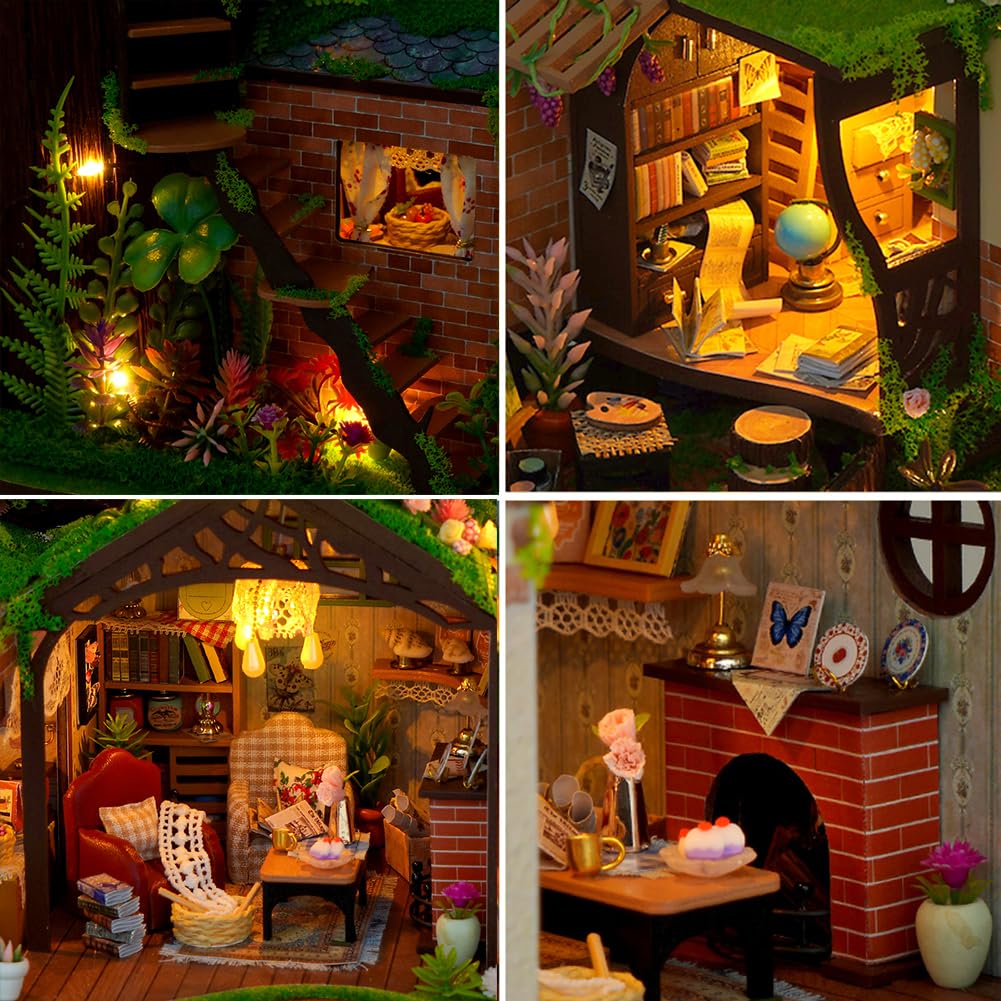 Domek dla lalek DIY, puzzle do pokoju 3D i podpórka do książek, zestaw "zrób to sam" do domku dla lalek z oświetleniem LED – kreatywny zestaw do dekoracji regału (bez osłony przeciwpyłowej)