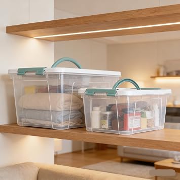 Plastic Storage Bins with Lids, 2 Pack Mixed Sizes (7 Qt, 14 Qt) Clear Box with White Lid, Stackable Organizer Boxes with Latches for Closet, Pantry, Bathroom, Office