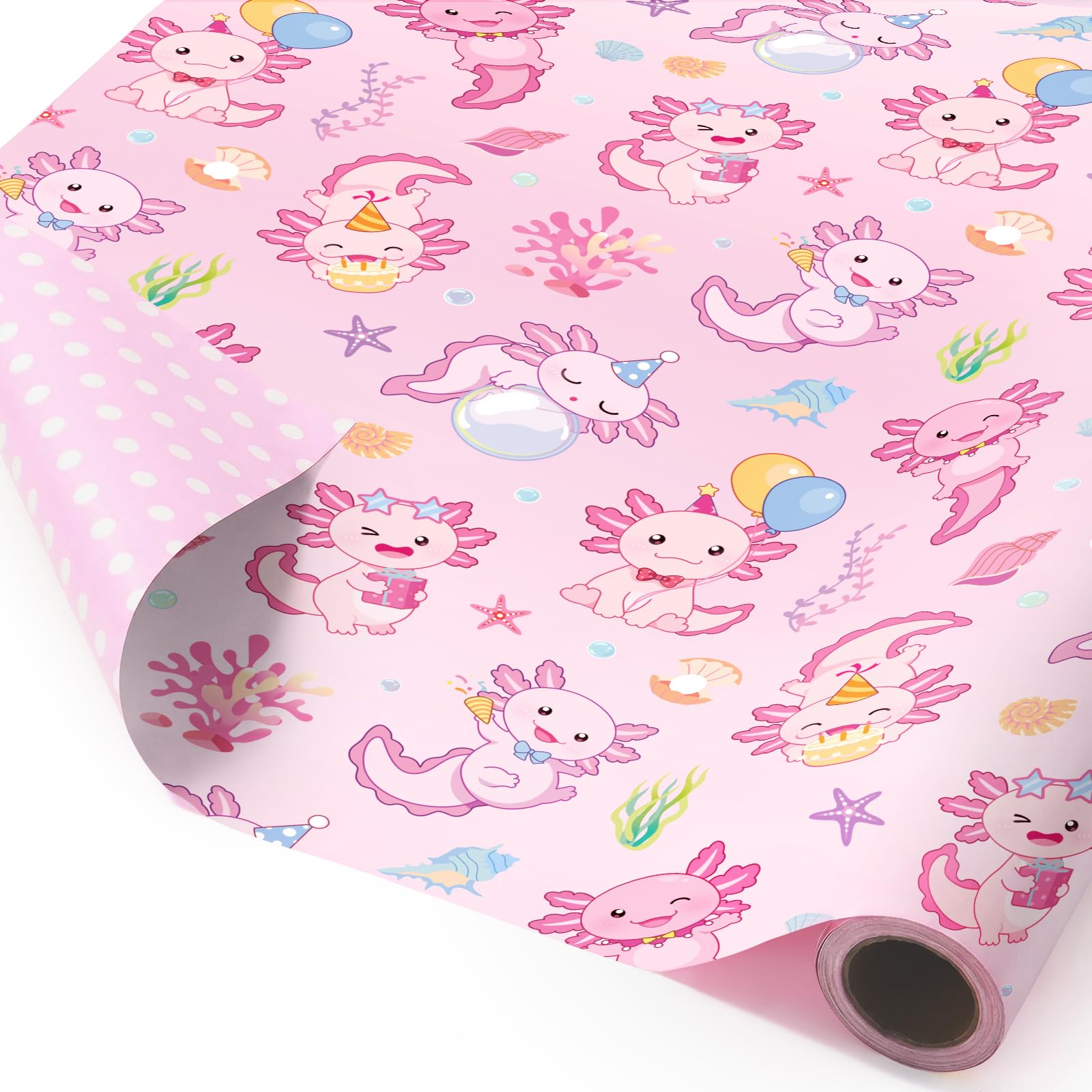 WERNNSAI Axolotl Wrapping Paper - 1 Roll Pink Cute Salamander Birthday Gift Wrap Pink Animal Wrapping Paper for Girls Kids Baby Shower Reptile Party Present Packing Decoration 43cm x 10m — image 1