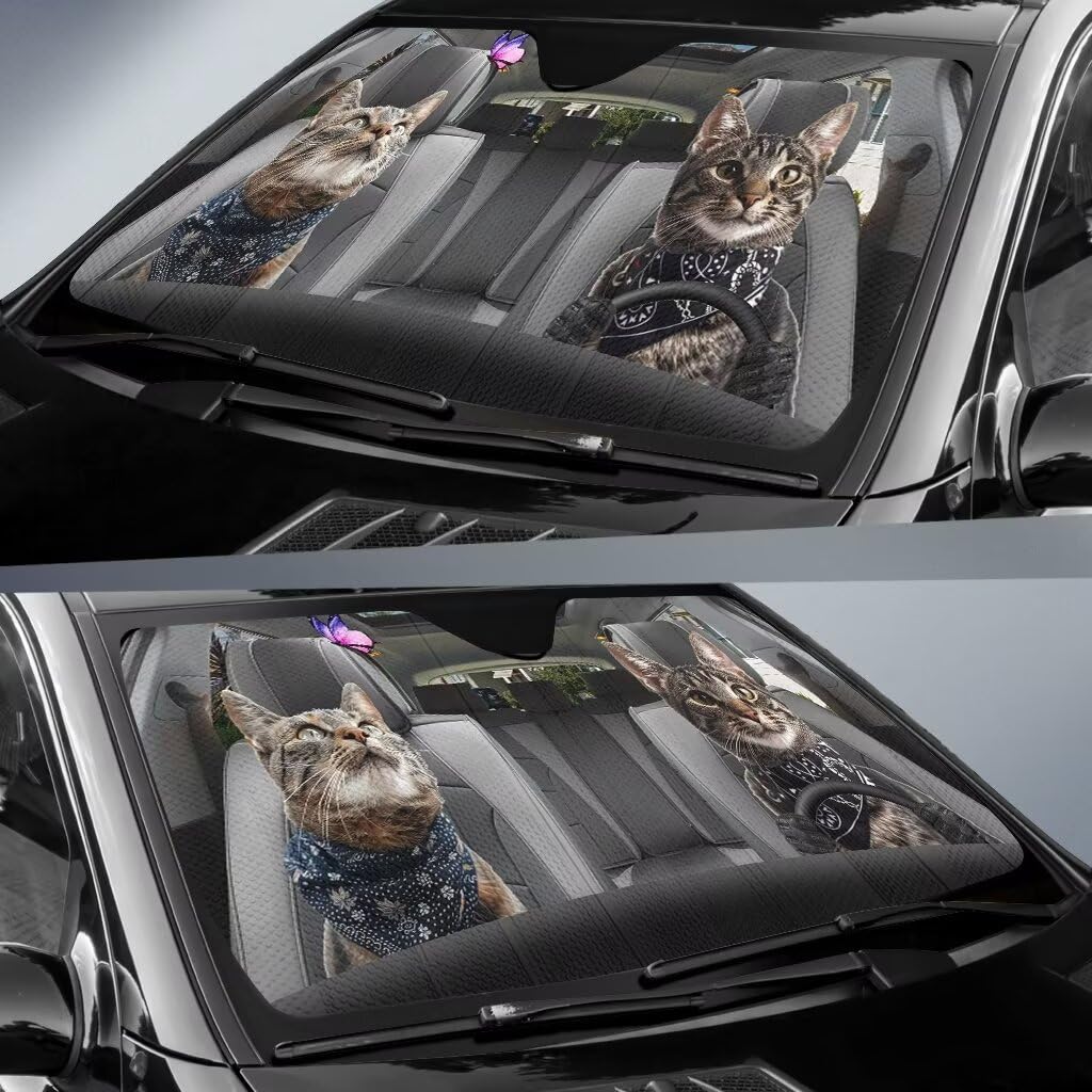 Personalized Cat Driving Auto Front Window Sun Visor Car Sunshades Funny Animal Shades Truck SUV Sun Visor UV Rays Blocks Car Interior Accessories 57x27.5 Inches