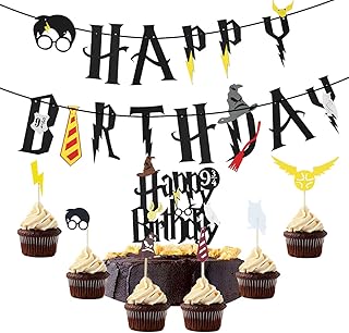 QYCX Birthday Decoratons-Wizard Birthday Party Decorations-Happy Birthday Banner Cupcake Toppers Cake Topper Snack Fruit Cake Picks Magical Wizard Hat Cake Topper for Harry Inspired Magic Themed Birthday Party Supplies Happy Birthday Bunting Garland Cake Decorations Costume for Party Happy Birthday Decorations