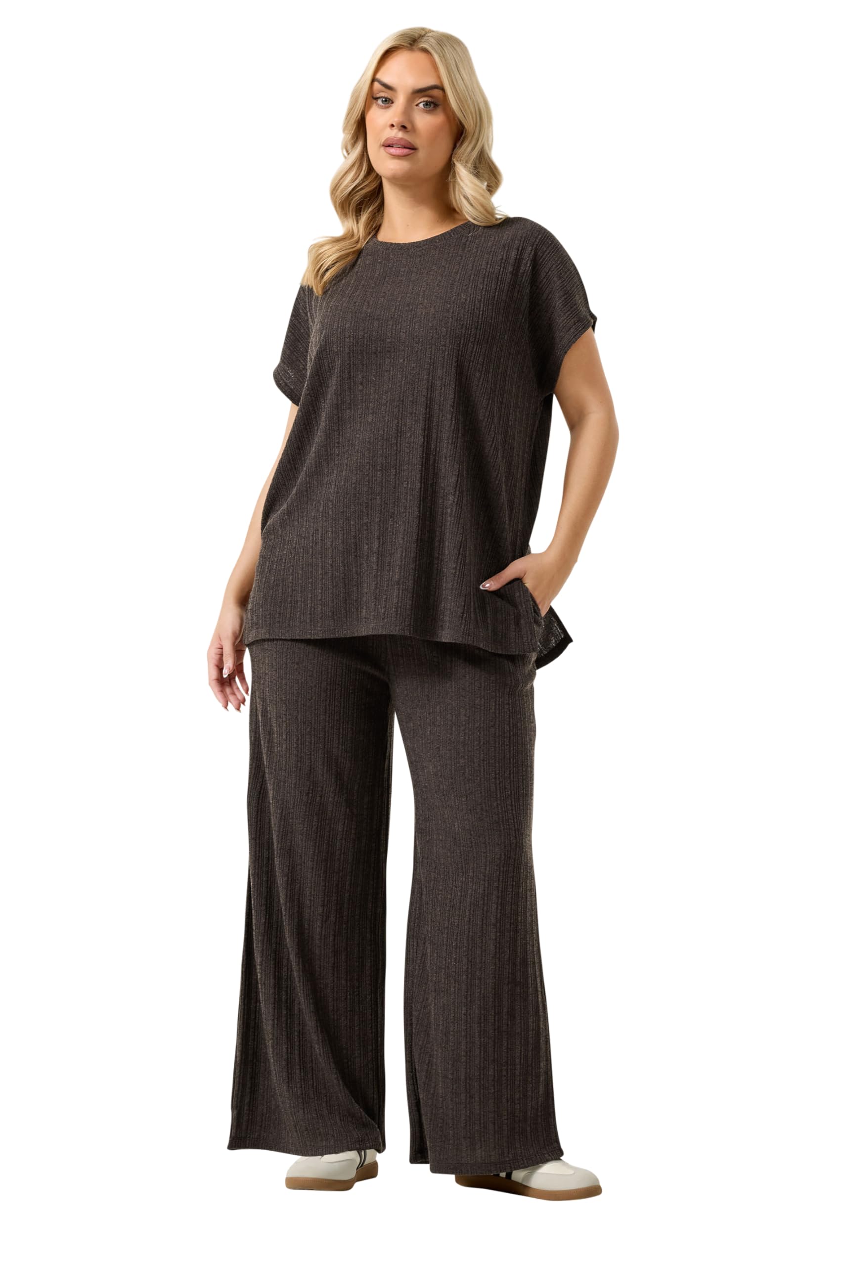 Yours Women's Knitted Wide Leg Trousers in Chocolate | Size: 22-24