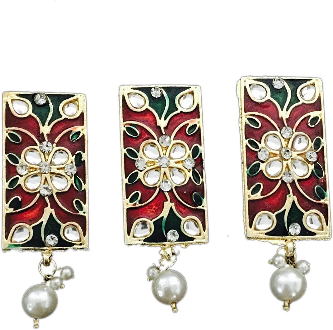 Women's Kundan Imitation Meena Work Double Kaaz Long Hangings Jewelry Kurti Buttons (EFN_199-24, Multicolour) -3 Pieces