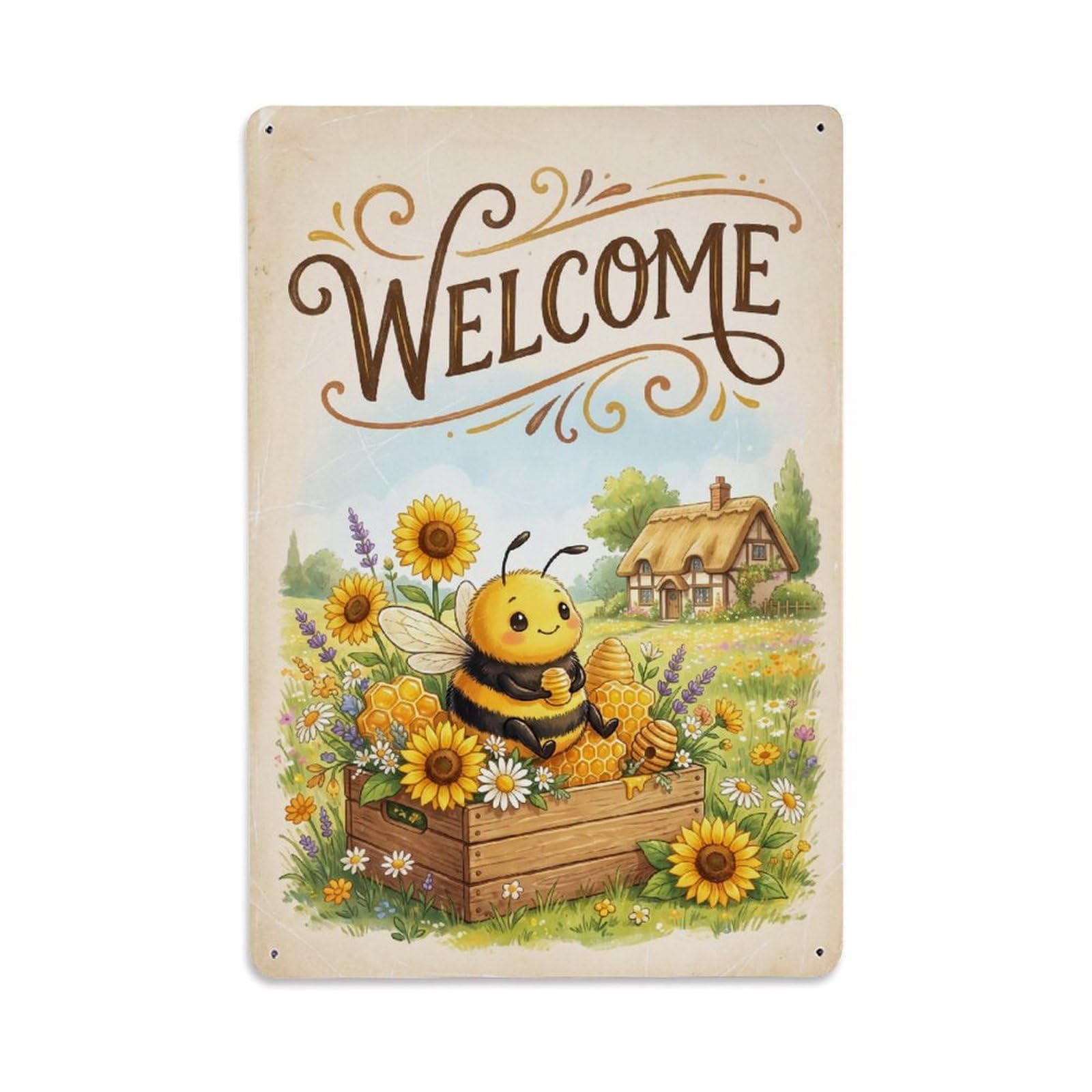 Cxhjca 8X12inch(20X30cm) Vintage Welcome Bee Happy Days Metal Tin Sign