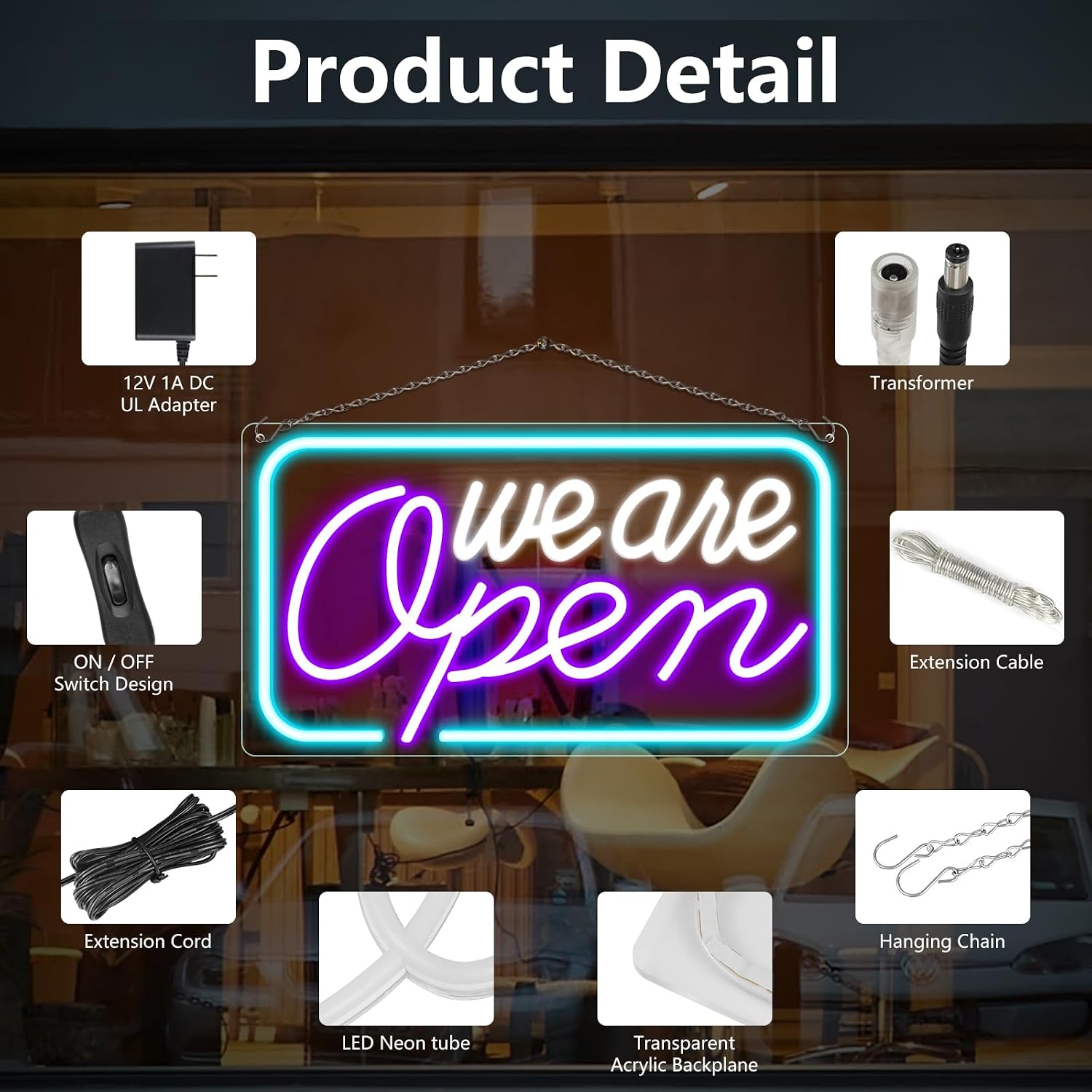 Neon We Are Open Signs for Business, 23.5''x 12.5'' Adjustable Brightness Open Sign LED, Super Bright & Easy to Spot Open Neon Sign(Cool White&Purple&Blue), with ON/OFF Switch & Adapter, Ideal for Window, Party, Wall, Bars, etc.