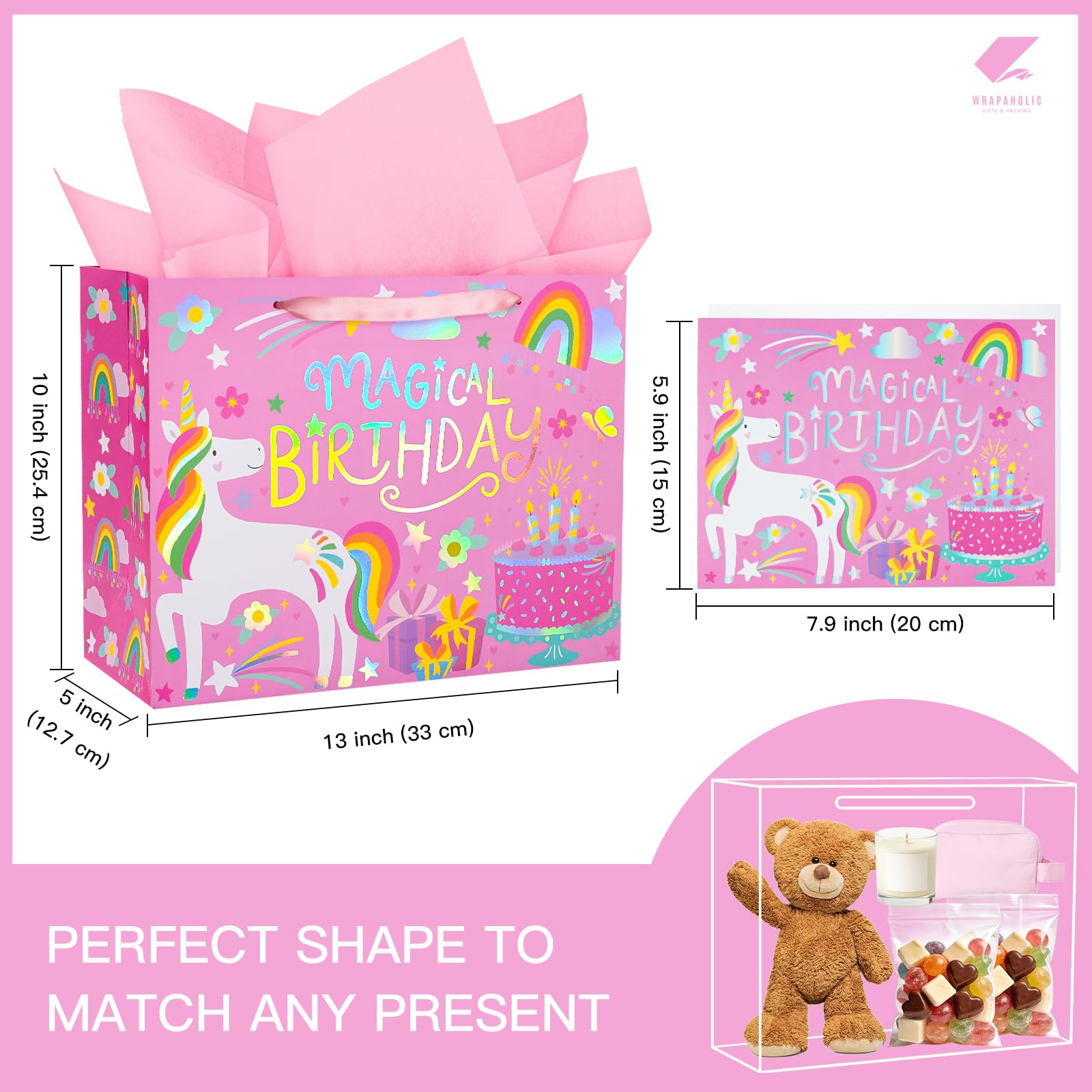 WRAPAHOLIC 13" Large Unicorn Birthday Gift Bag with Card and Tissue Paper - Rainbow Foil Unicorn Paper Bags for Baby Girl Shower and Birthday