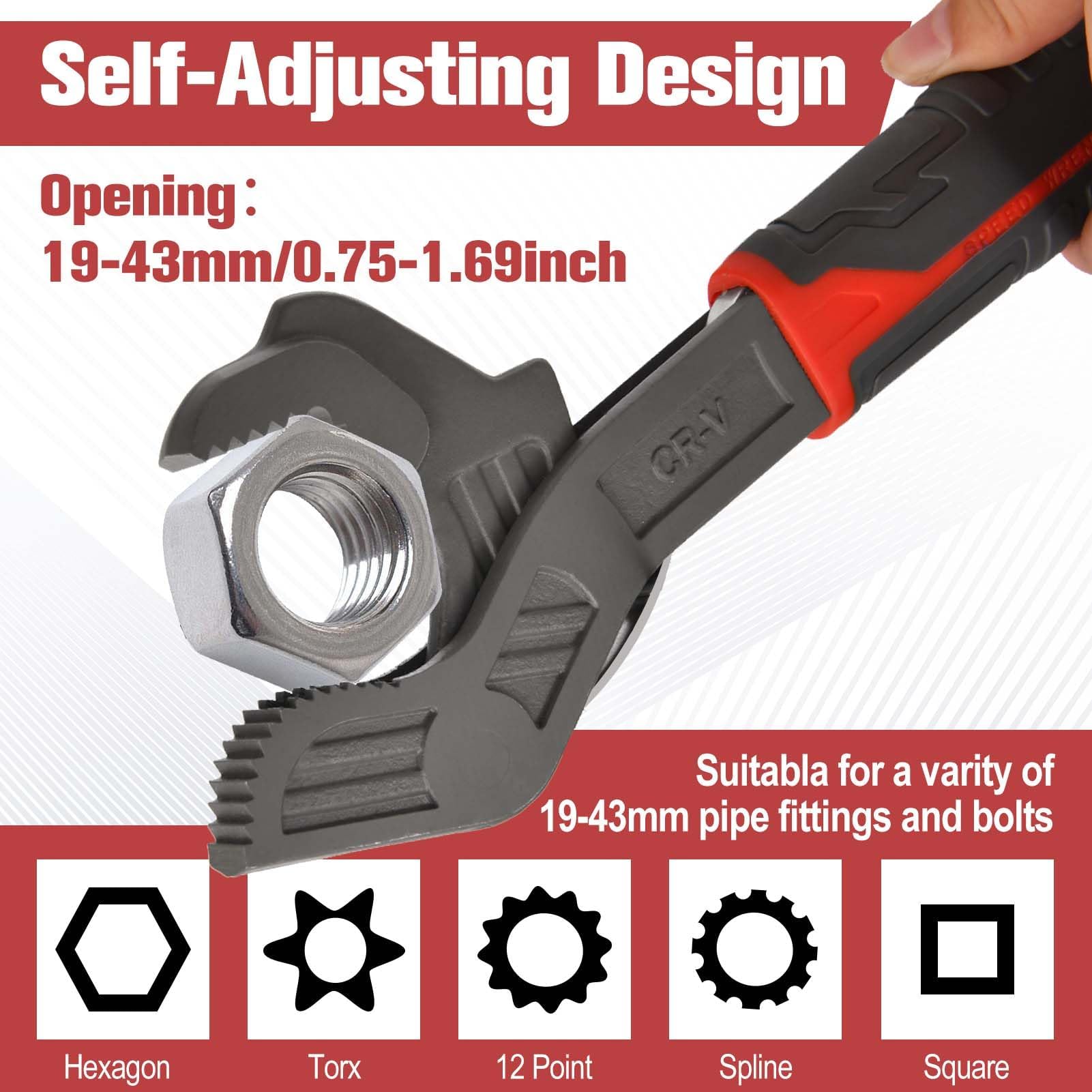 Clé auto-ajustable de 30,5 cm - 19-43 mm - Clé à tuyau réglable multifonction - Micro 5 pour réparation de voiture, vélo, plomberie