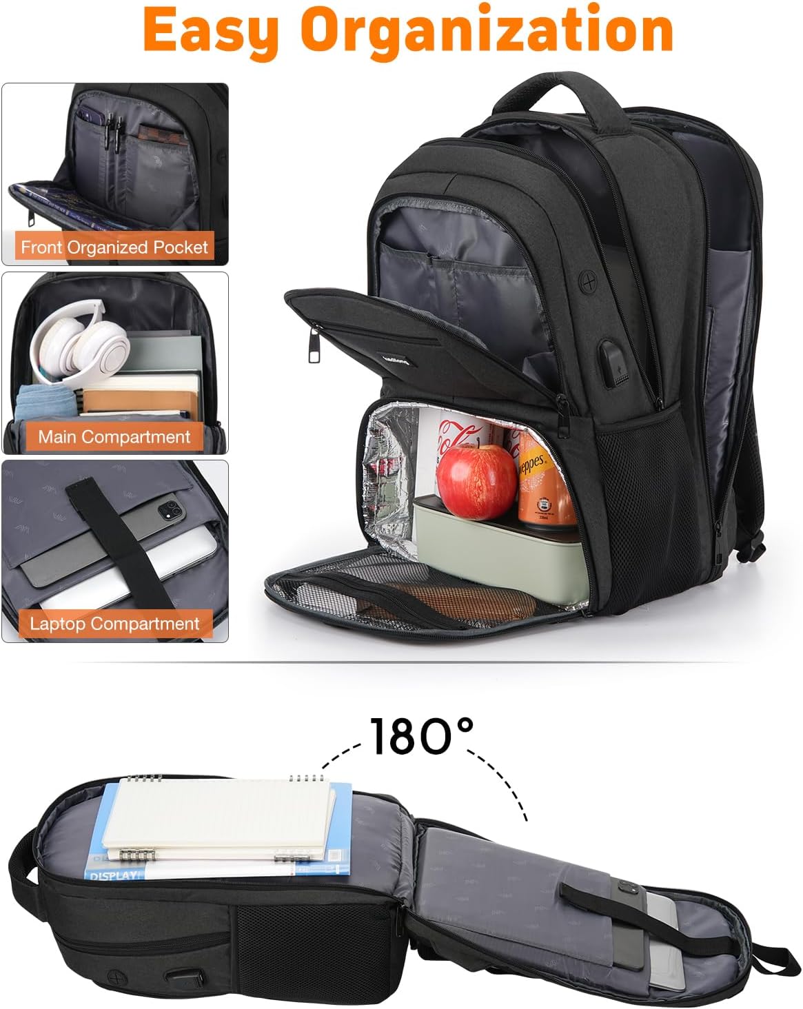 17.3 Inch Laptop Backpack Insulated Backpacks with Cooler Compartment,TSA Large School Backpack Lunch Box for Teens Boys,Anti-Theft Work Business Bookbag,College Computer Backpack for Men Women