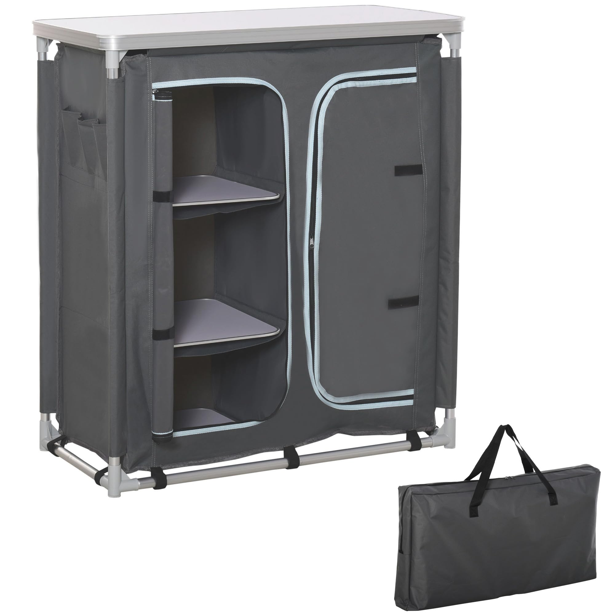 Outsunny Cucina da Campeggio Doppio Armadietto 96Lx49.5Px104cm Grigio Telaio Alluminio