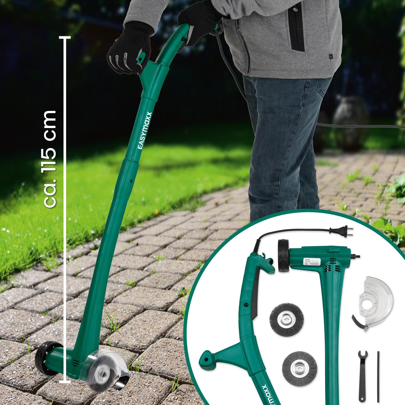 EASYmaxx Fugenreiniger elektrisch | Einfache säuberung von Fugen, Gehwegen & uvm - Ohne lästige Rückenschmerzen | inkl. 2 auswechselbaren Bürsten | Fugenbürste 140 Watt 1200 rpm [ABS/Stahl Grün]