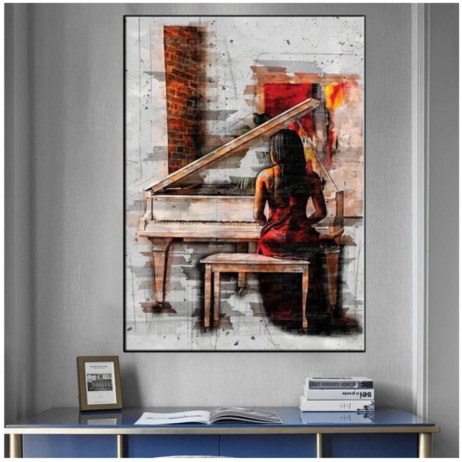 painting of woman playing piano in red dress The Woman in Red
