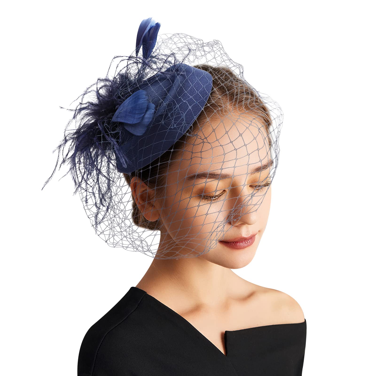 DRESHOW Fascinator Hats for Women Pillbox Hat with Veil Headband and a Forked Clip Tea Party Headwear