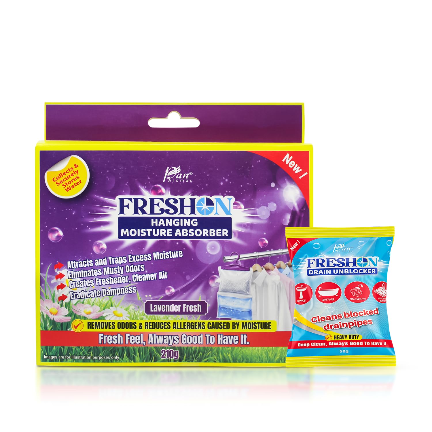 FRESHON by Pan Aromas (Lavender Fresh) Hanging Moisture Absorber (210g)| Odour Eliminator| Includes Complimentary Drain Unblocker Sachet| Dehumidifier for Closets, Bathrooms, Laundry Rooms & Pantries-image-20