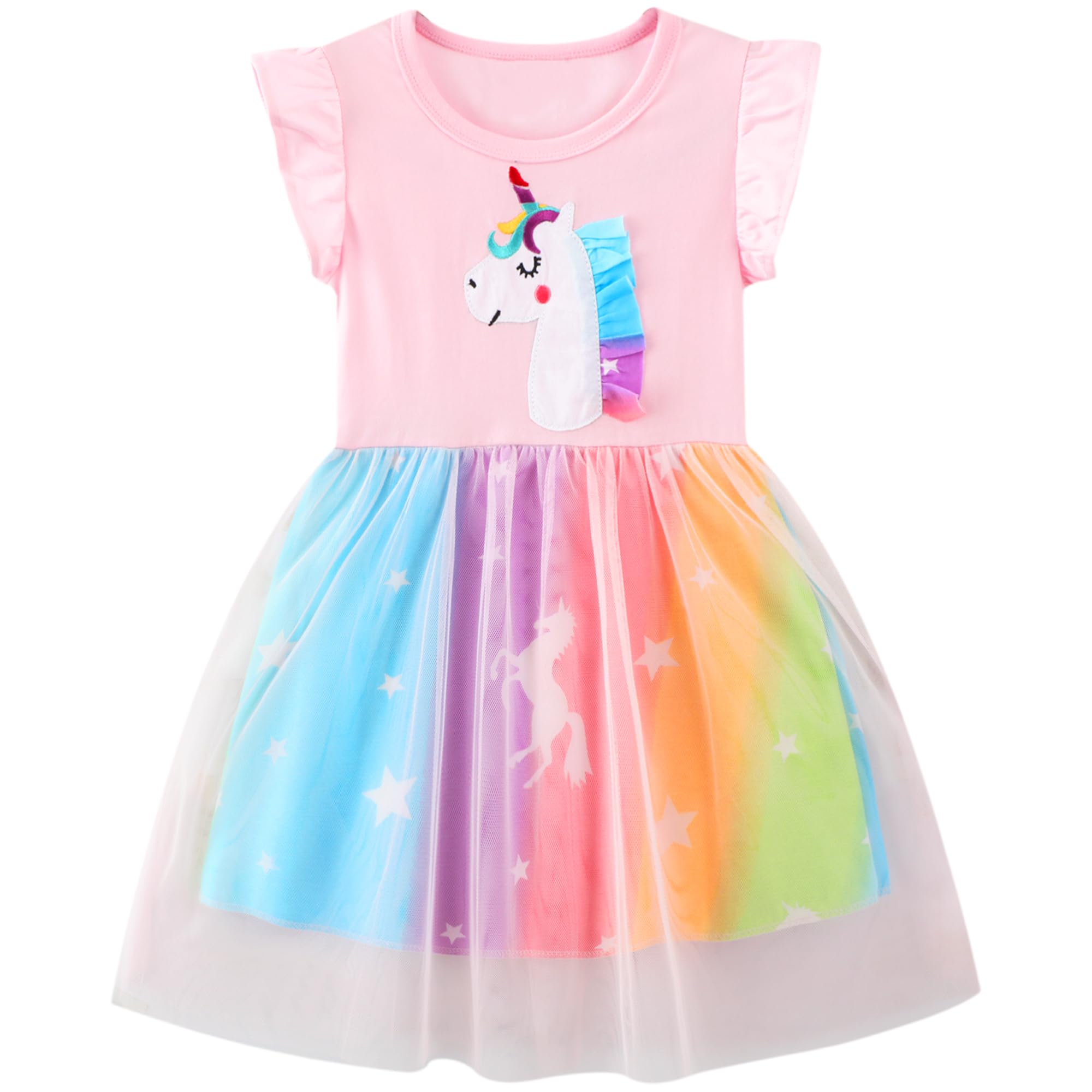 JinBei Vestido para Niñas Algodon Casual Manga Corta/Sin Mangas T-Shirt Vestidos Verano Bordado Animal Vestido para Niña 2-7 Años