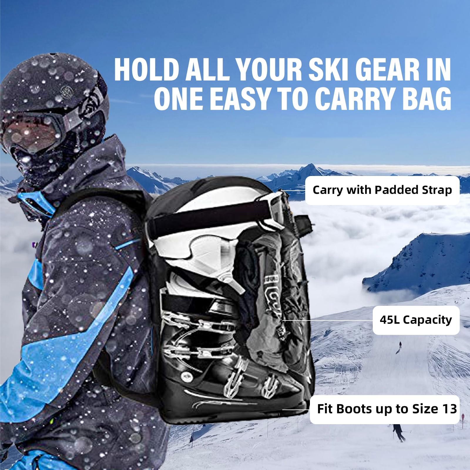 Zaino Portascarponi Da Sci 65L - Imbottito | Per Casco, Sci, Accessori Neve - Foto 7