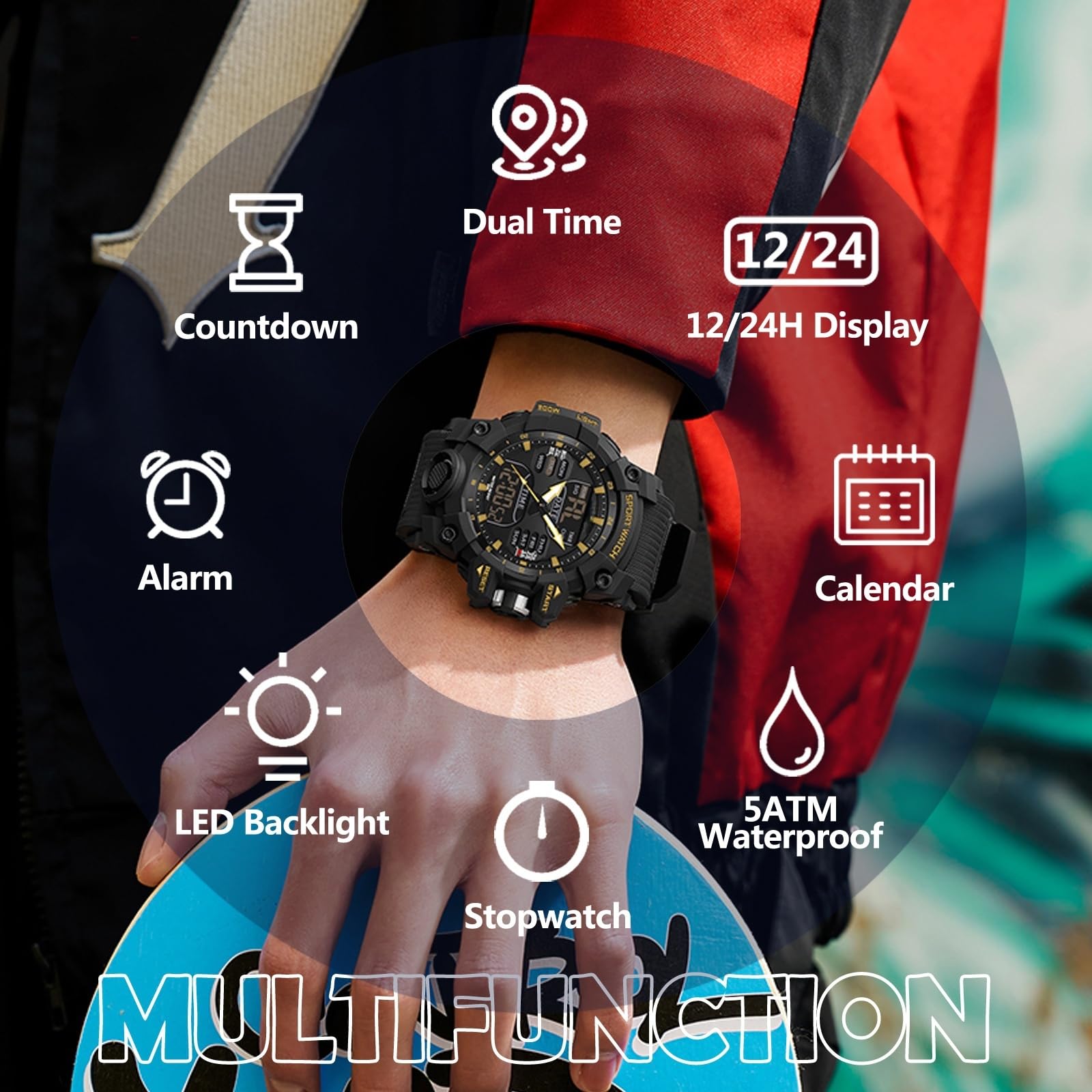 findtime Montre numérique pour Homme - Montre Tactique d'extérieur Militaire - Grand Cadran - Étanche jusqu'à 5 ATM - Chronomètre - Compte à rebours - Alarme - Rétroéclairage LED - Résistante aux