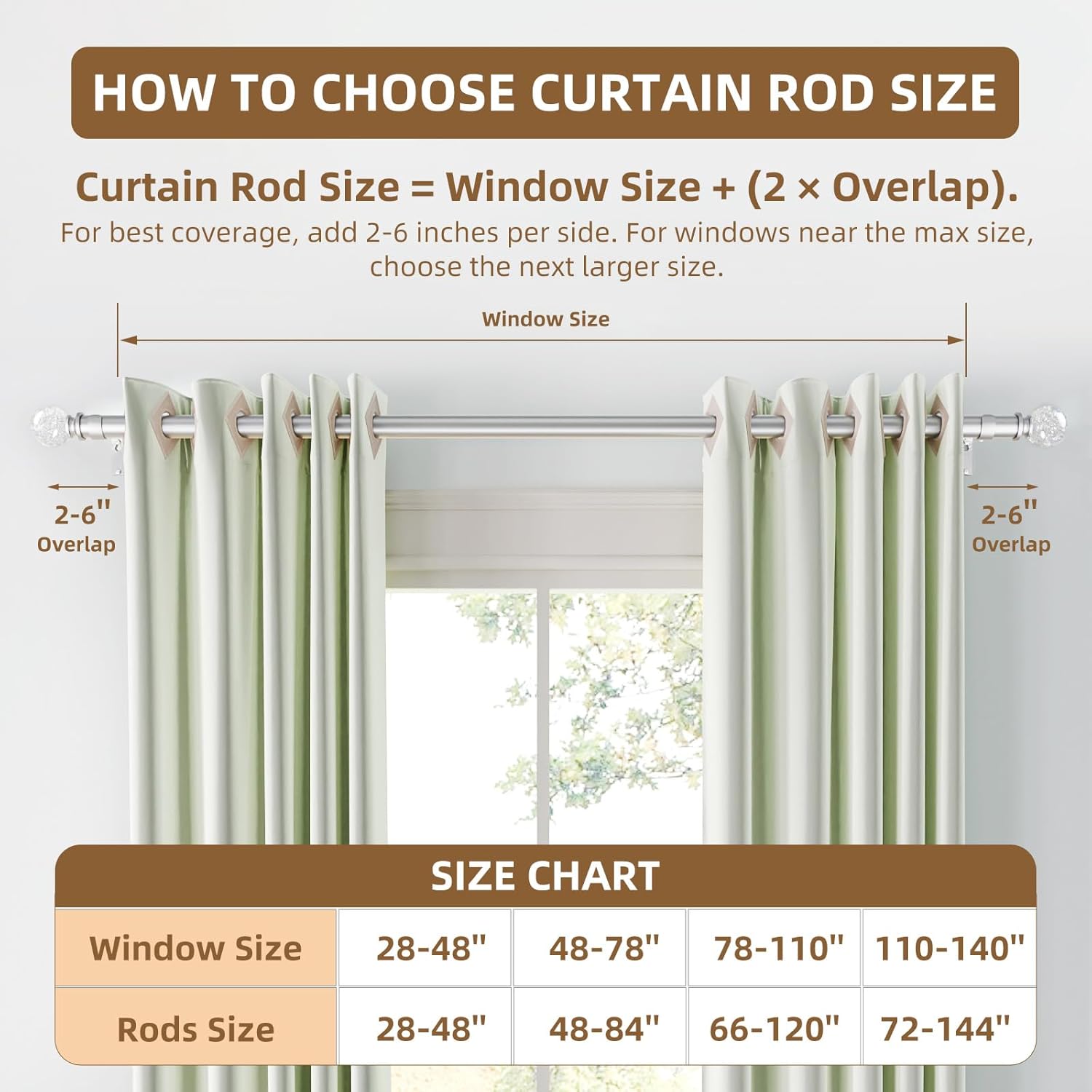 HAAYOT Silver Curtain Rods for Windows 66-120 Inches, Telescoping Drapery Rod Set, 1 Inch Diameter Rod with Silver Clear Ball Finial