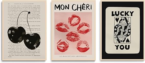 LYPHNX Póster de pared vintage de color negro y rojo cereza con beso, arte de pared Funky Luck You Prints Retro Poker Quee Painting Picture Preppy