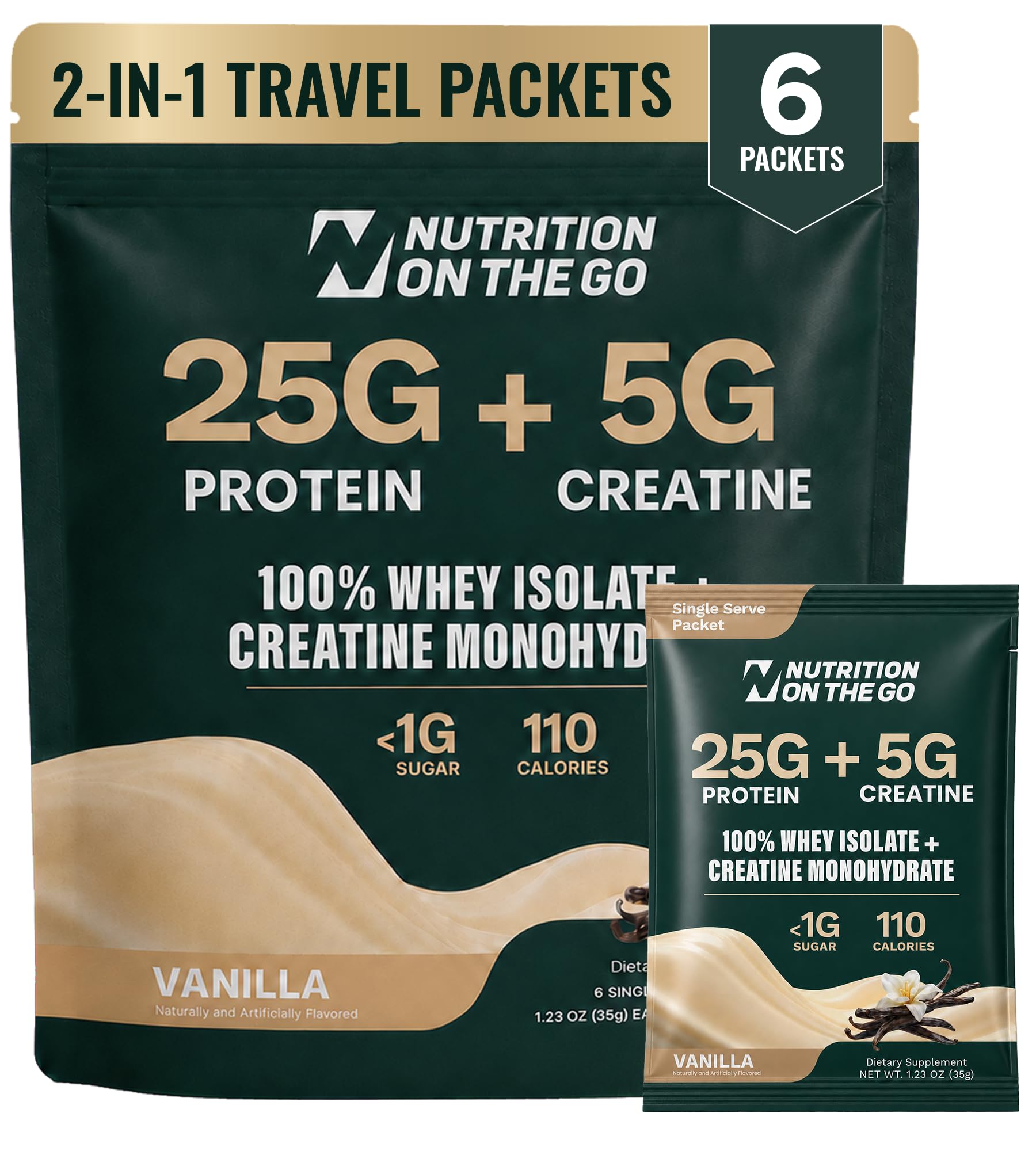 2-in-1 Whey Protein Isolate + Creatine Travel Packets, Vanilla, 6 Pack