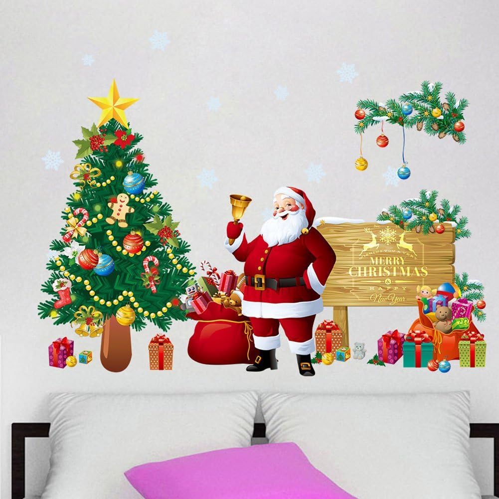 Youbedo Christmas Tree Santa Claus Gift Bag Wall Sticker Waterproof Vinyl Removable 3D Wall Art Decals DIY Mural Wallpaper for Room Festival New Year Holiday Home Decoration